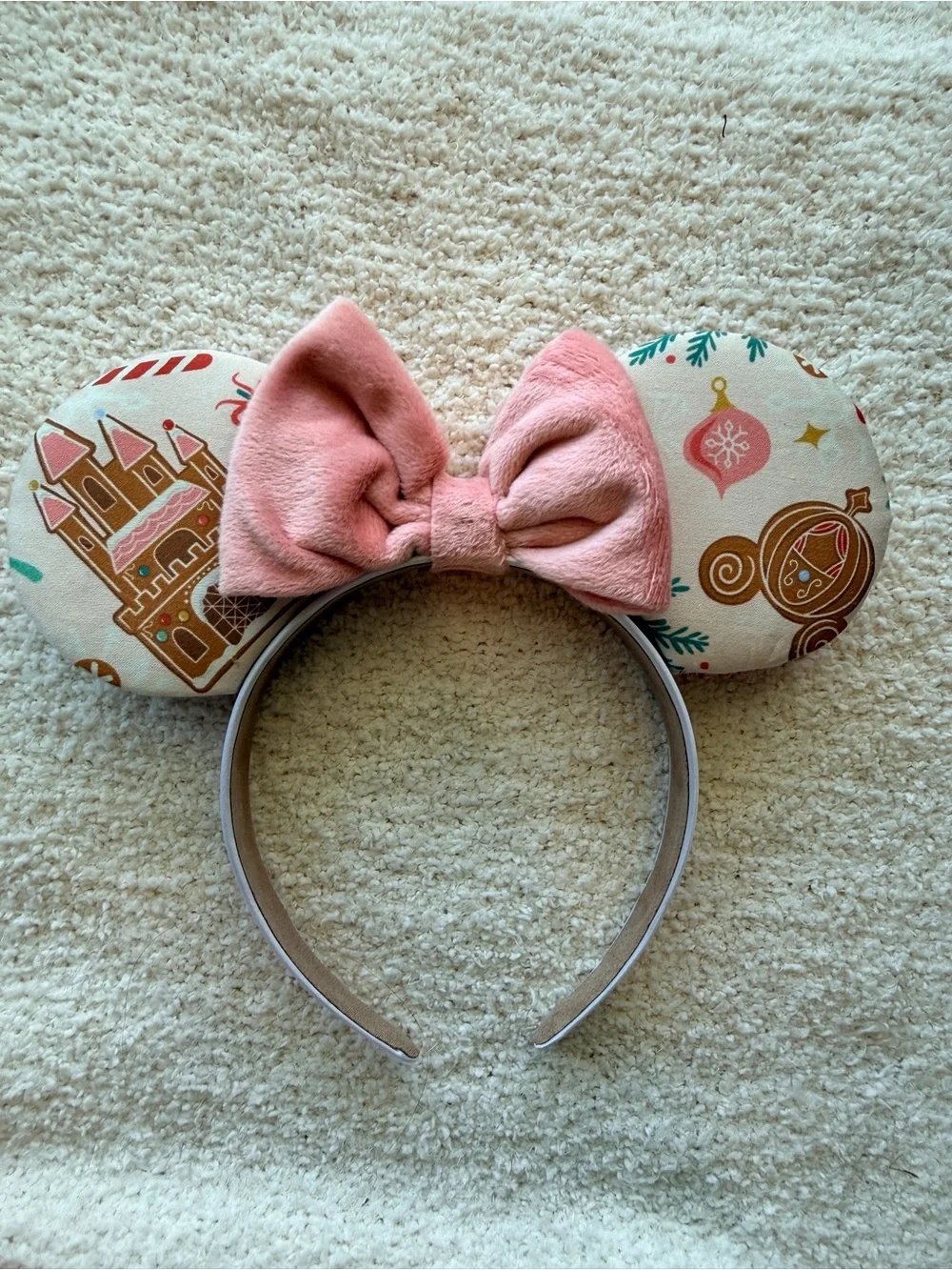 Christmas gingerbread Cinderella Pink Bow Holiday Print Mouse Ear Headband